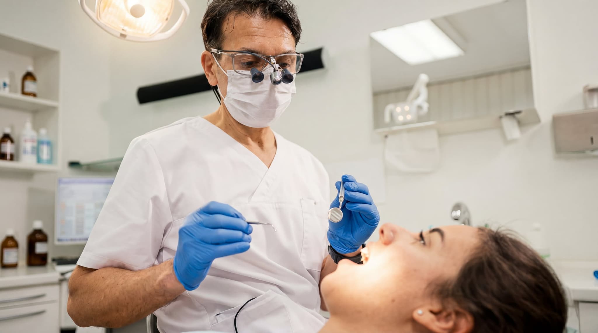 Dr. Hakimi bei einer Implantation — Lupenbrille und Präzisionsinstrumente